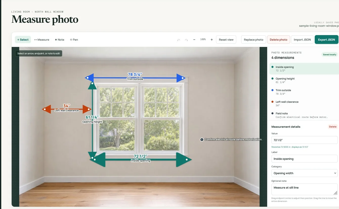 Photo measurement app for adding dimensions and notes to jobsite photos.